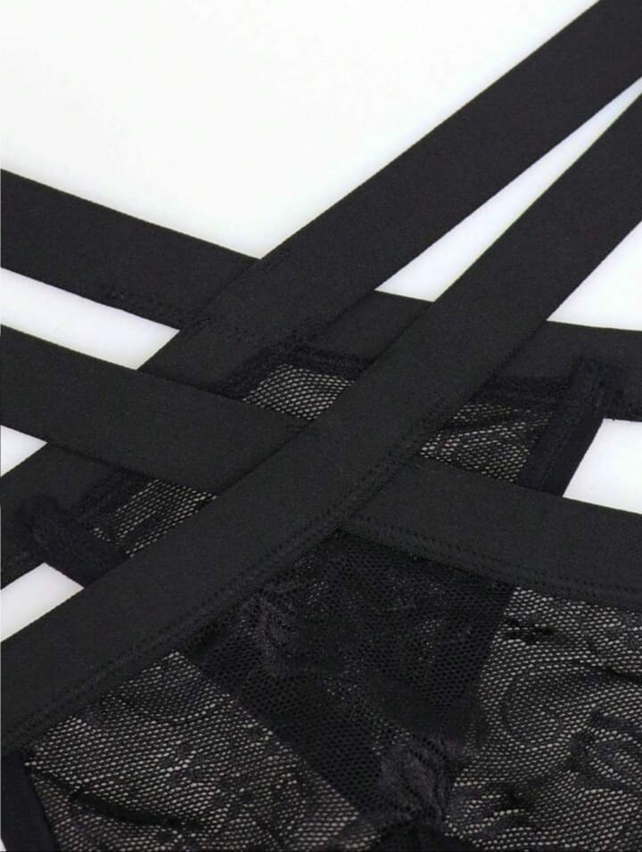 Noir Lace Cross-Strap Thong